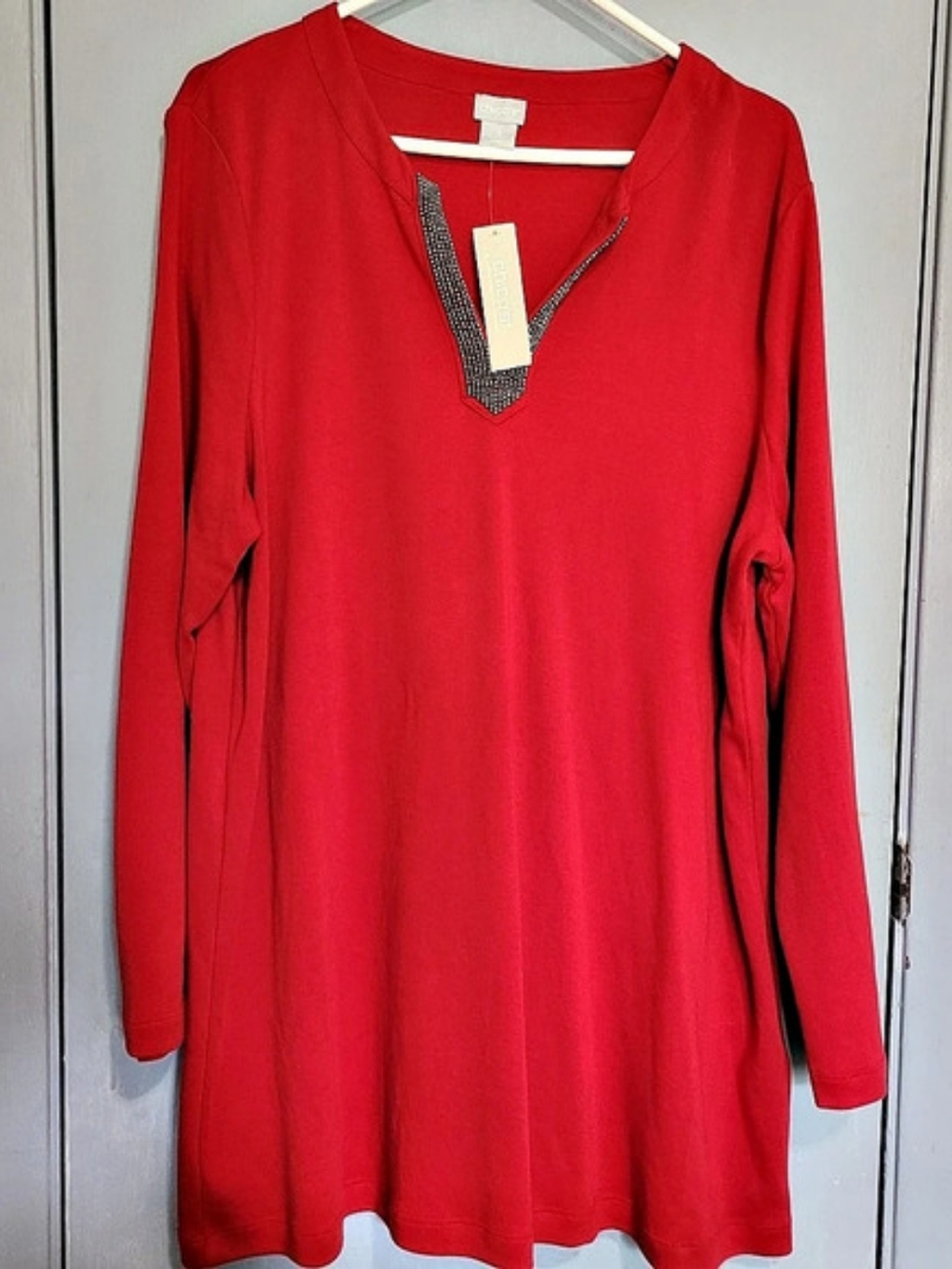 Chico's Beaded V-Neck Tunic Cotton Tunic in Red 2XL NWT